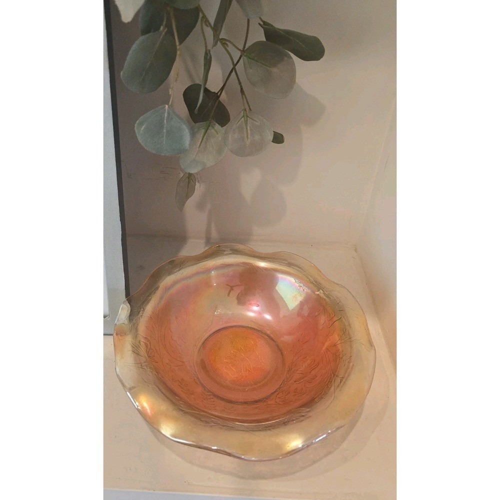 Vintage Jeanette Orange Gold Iridescent Carnival Glass Floral Bowl 9.5 Inches